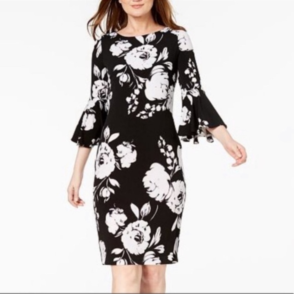 Calvin Klein Dress Bell Sleeved Black & White Floral Size 6